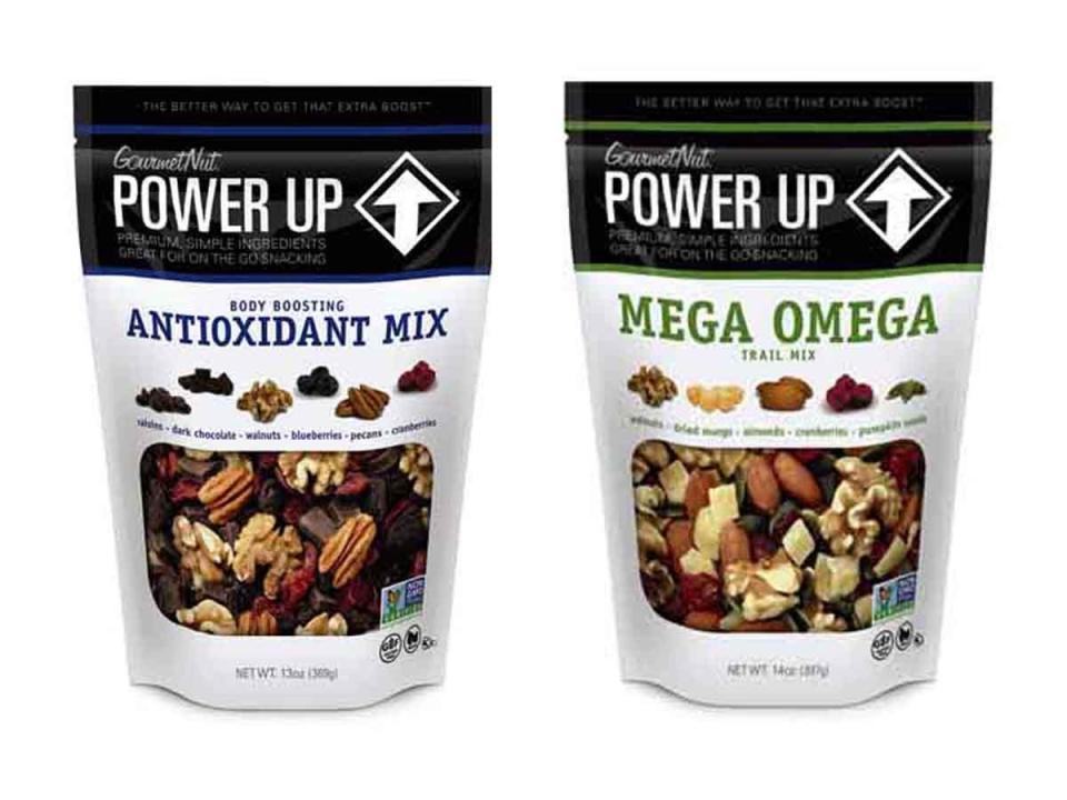 Two Aldi trail mixes — antioxidant mix and mega omega — in white and black bags