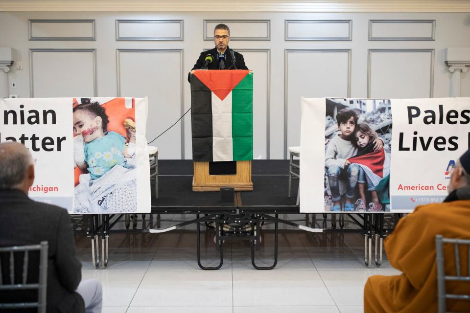 Dr. Emad Shehada, 47, a local pulmonologist, talks about the loss of 20 families members in what he calls the never-ending Gaza war between Hamas and Israel government during the “From Gaza to Detroit” memorial service at Greenfield Manor in Dearborn, Mich. on Wednesday, Nov. 8, 2023. The service was organized to help families mourn the loss of loved ones. Shehada says they can’t be silent anymore. “We are their (deceased loved ones) advocates,” he says, “We have to make people listen to them. We have to be heard.”