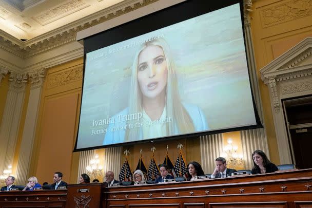 PHOTO: A video of Ivanka Trump, former White House senior adviser, is shown as the House select committee investigating the Jan. 6 attack on the U.S. Capitol holds a hearing at the Capitol in Washington, July 12, 2022. (J. Scott Applewhite/AP)