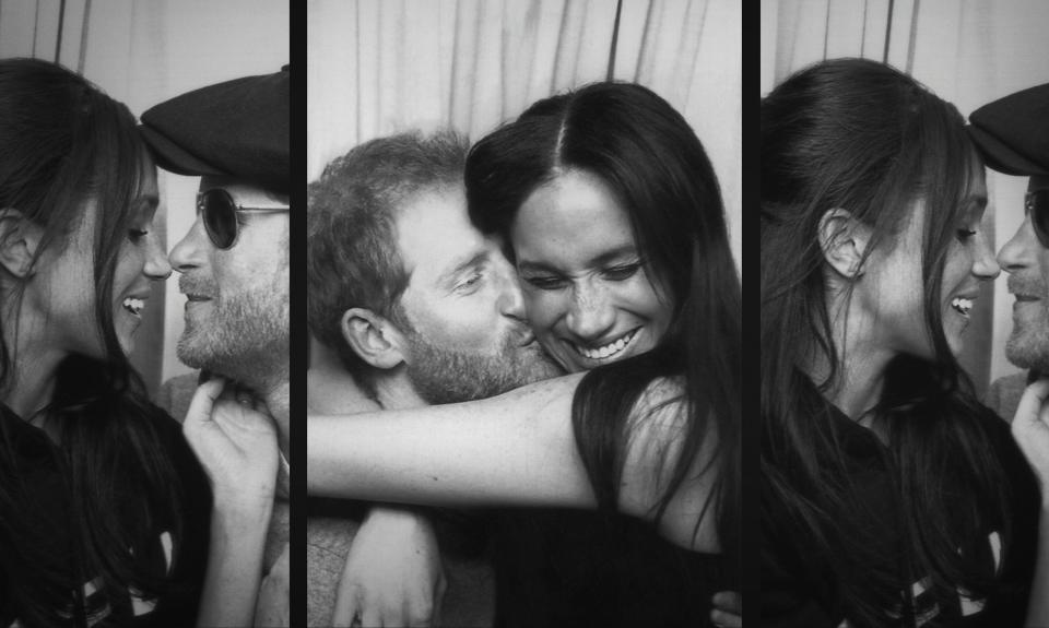 Harry and Meghan embrace in a collage of photos released in their Netflix docuseries, "Harry and Meghan."