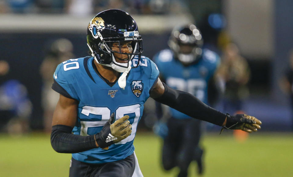 Sep 19, 2019; Jacksonville, FL, USA; Jacksonville Jaguars cornerback Jalen Ramsey (20) runs a cover route during the second half against the Tennessee Titans at TIAA Bank Field. Mandatory Credit: Reinhold Matay-USA TODAY Sports