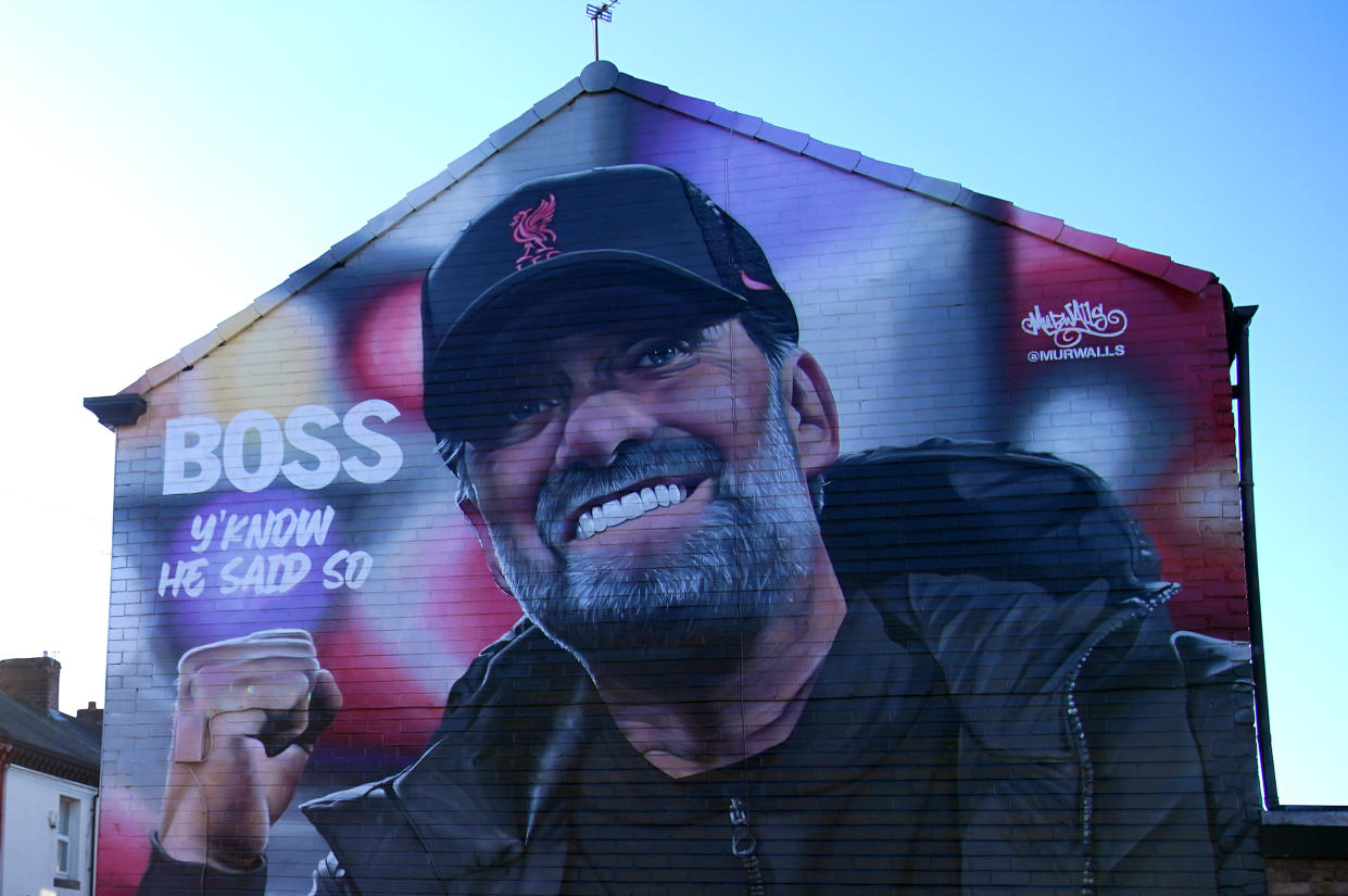 A mural paying tribute to Liverpool manager Jurgen Klopp near Anfield Stadium in Liverpool. 