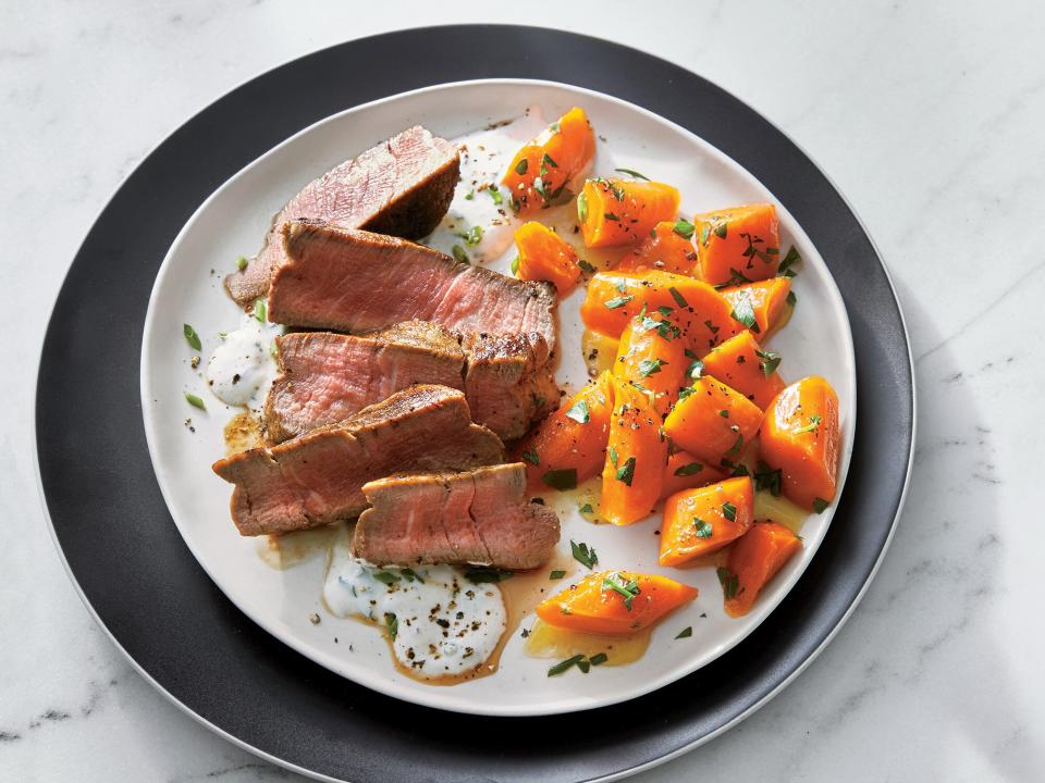 1. Beef Tenderloin with Horseradish Cream and Glazed Carrots