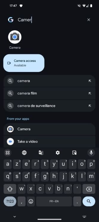 Pixel Launcher search results showing quick settings tiles first