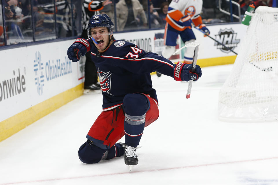 Columbus Blue Jackets' Cole Sillinger celebrates his goal against the New York Islanders during the second period of an NHL hockey game Thursday, Oct. 21, 2021, in Columbus, Ohio. (AP Photo/Jay LaPrete)