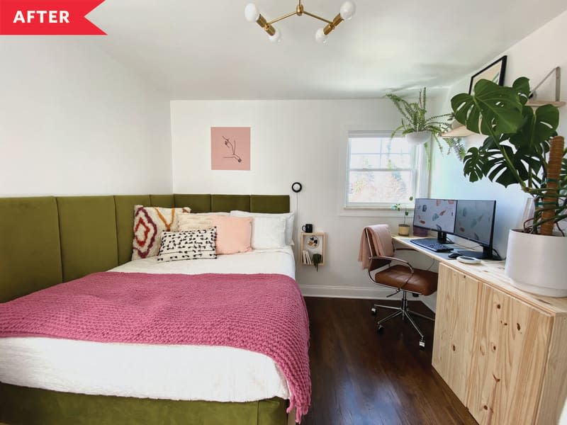 After: white bedroom with green upholstered day bed, natural wood desk, and gold light fixture