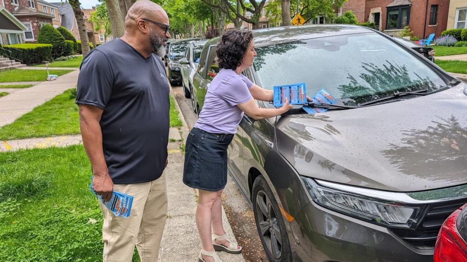 <div>Alderman Debra Silverstein walked the block with staff from the Chicago Commission on Human Relations, talking to residents and passing out information on how to fight back against hate crimes. | Provided</div>