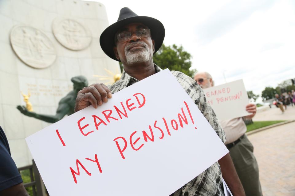 Detroit retiree Cordell Lovelady, 66, protested comment by Detroit Emergency Financial Manager Kevyn Orr at the Coleman A. Young Municipal Center on Aug. 5, 2013.