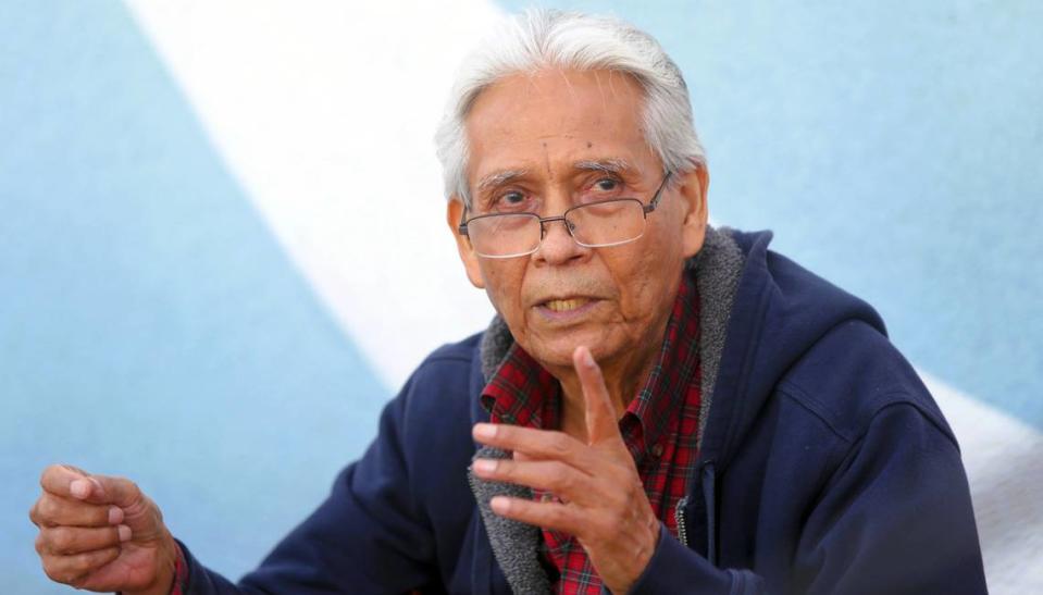 Teatro Campesino co-founder Agustín Lira recalled memories of muralist/activist Antonio Bernal during a memorial ceremony in Del Rey on Oct. 22, 2023.