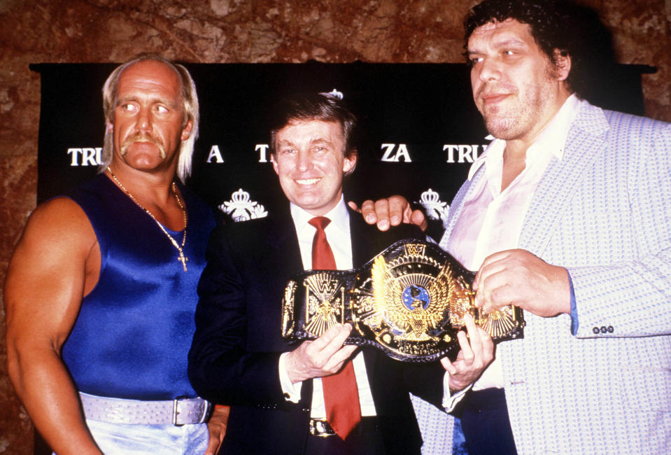 Andre The Giant poses with future president Donald Trump and Hulk Hogan before Wrestlemania. (Getty Images)