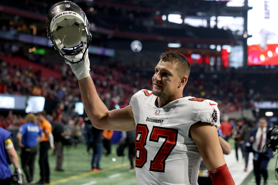 Dec 5, 2021; Atlanta, Georgia, USA; Tampa Bay Buccaneers tight end Rob Gronkowski (87) celebrates after their win against the Atlanta Falcons at Mercedes-Benz Stadium. Mandatory Credit: Jason Getz-USA TODAY Sports