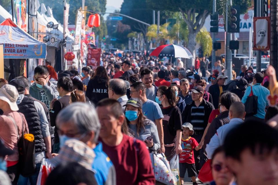 PHOTO: People take part in the Monterey Park Lunar New Years Festival on  Jan. 28, 2024, in Monterey Park, Calif.  (Ringo Chiu/Sipa USA via AP)