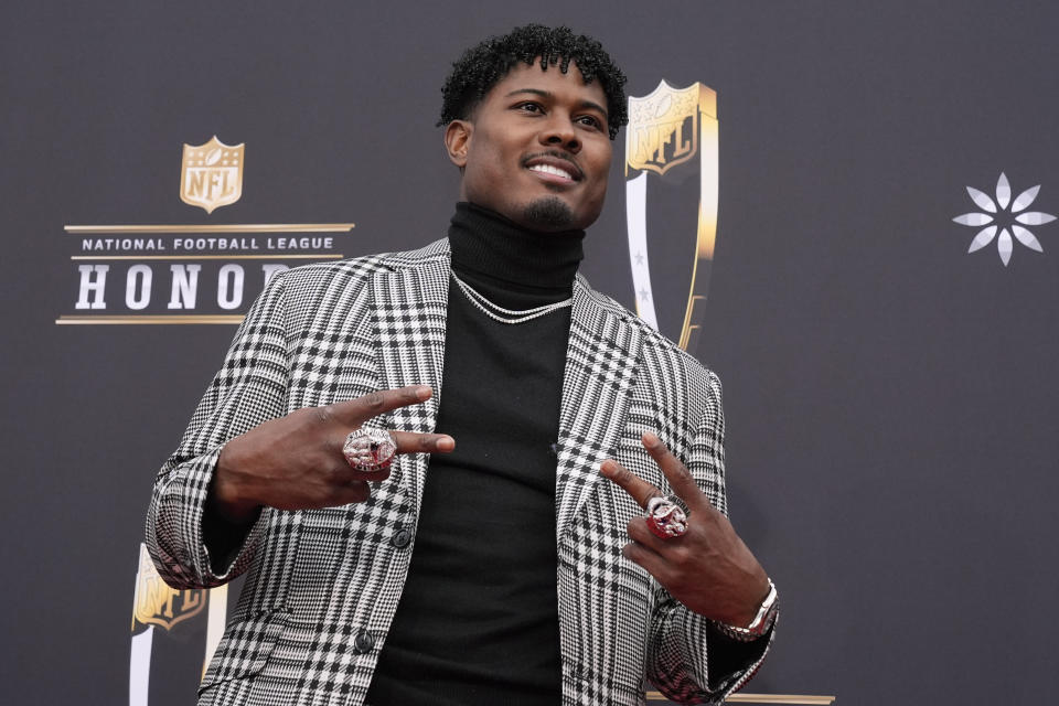 Jonathan Jones of the New England Patriots poses on the red carpet at the NFL Honors award show ahead of the Super Bowl 58 football game Thursday, Feb. 8, 2024, in Las Vegas. The San Francisco 49ers face the Kansas City Chiefs in Super Bowl 58 on Sunday. (AP Photo/Charlie Riedel)