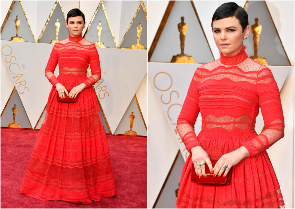 <p>Ginnifer Goodwin also rocked a long-sleeve red lace dress (by Zuhair Murad) but her severe side-parted slicked back ‘do didn’t complement her overall look. <strong>Grade: F</strong> </p>