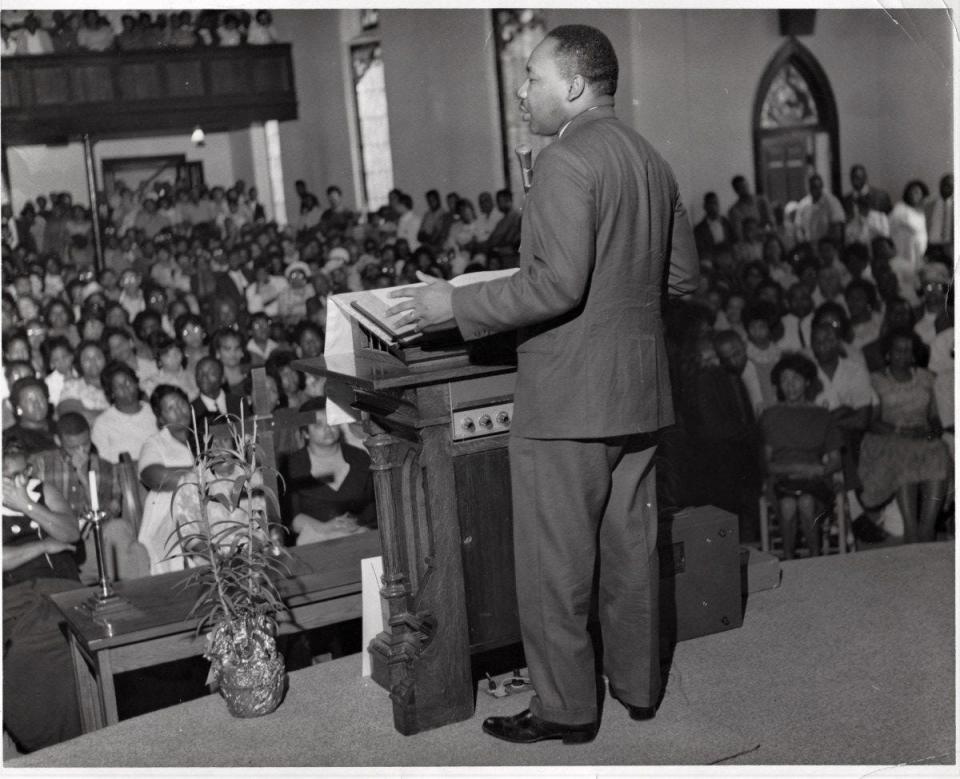 This is the only known photograph of the Rev. Martin Luther King Jr. in Tuscaloosa, taken by photographer Edward Jenkins as King spoke March 9, 1964, at First African Baptist Church. [Submitted photo]