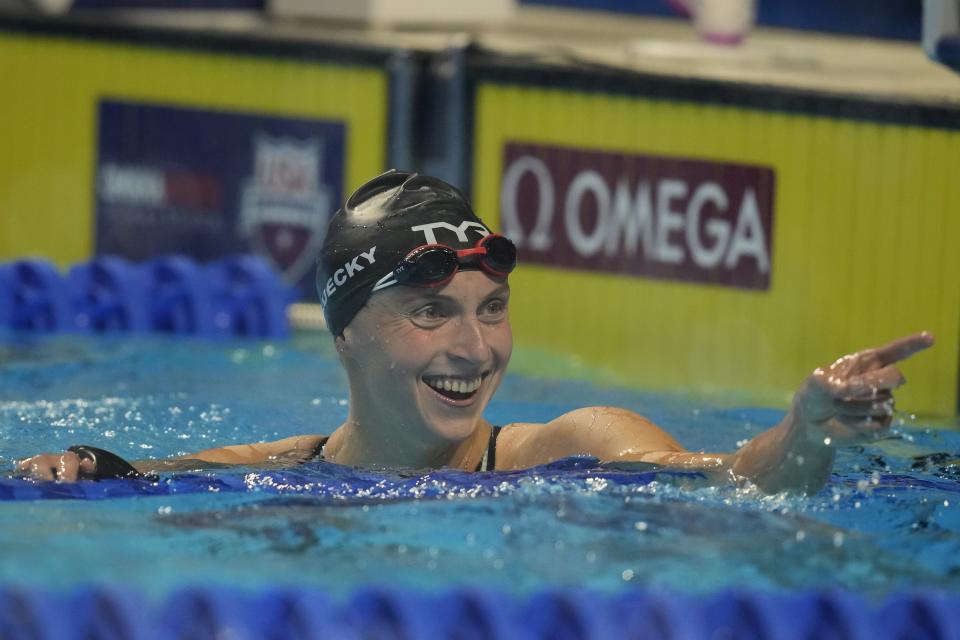 Katie Ledecky reacts after the women's 800 freestyle during wave 2 of the U.S. Olympic Swim Trials on Saturday, June 19, 2021, in Omaha, Neb. (AP Photo/Charlie Neibergall)