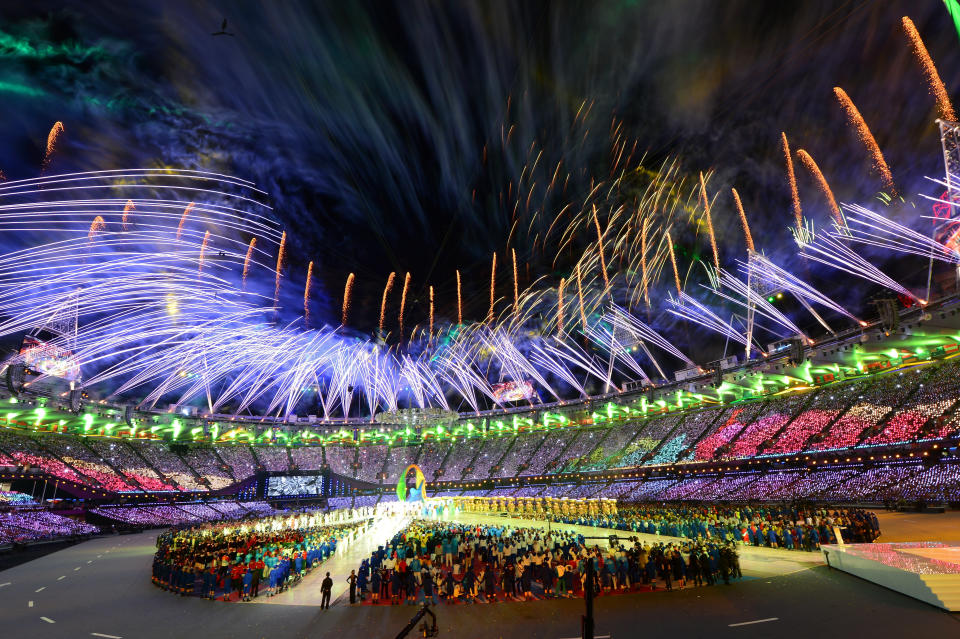 Fireworks explode over the stadium during the Closing Ceremony on Day 16 of the London 2012 Olympic Games at Olympic Stadium on August 12, 2012 in London, England. (Photo by Mike Hewitt/Getty Images)