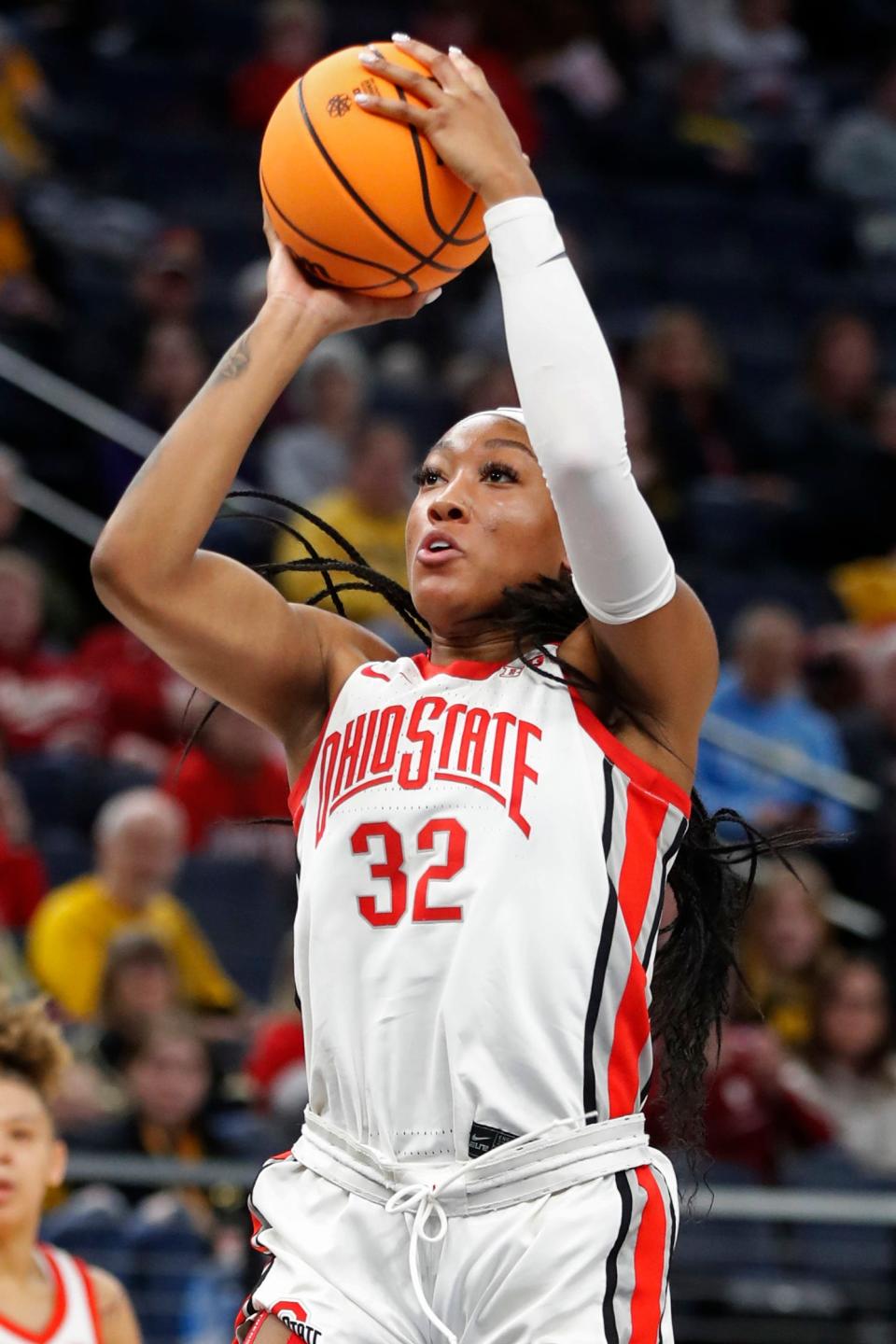 Ohio State forward Cotie McMahon (32) shoots in the first half of an NCAA college basketball game against Michigan at the Big Ten Conference women's tournament Friday, March 3, 2023, in Minneapolis. (AP Photo/Bruce Kluckhohn)