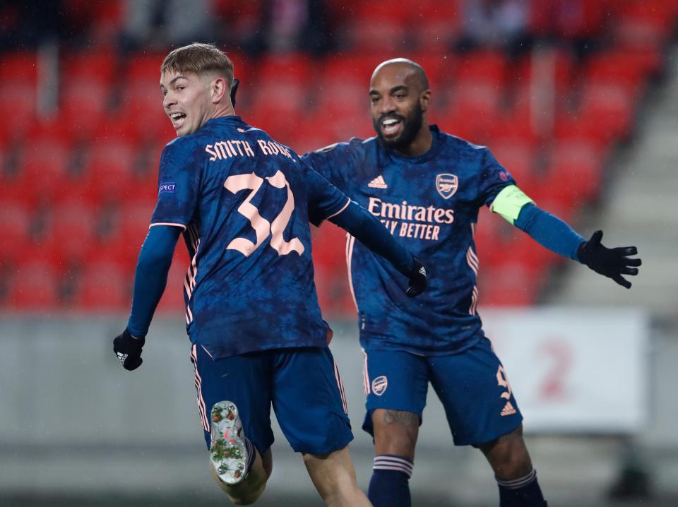 Emile Smith Rowe and Alexandre Lacazette celebrateAP