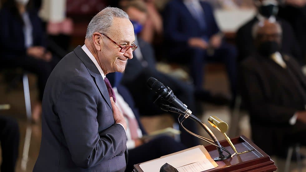 Senate Majority Leader CharlesSchumer (D-N.Y.) speaks during a Congressional lying in state ceremony for former Sen. Harry Reid (D-Nev.), on Saturday, January 12, 2022.