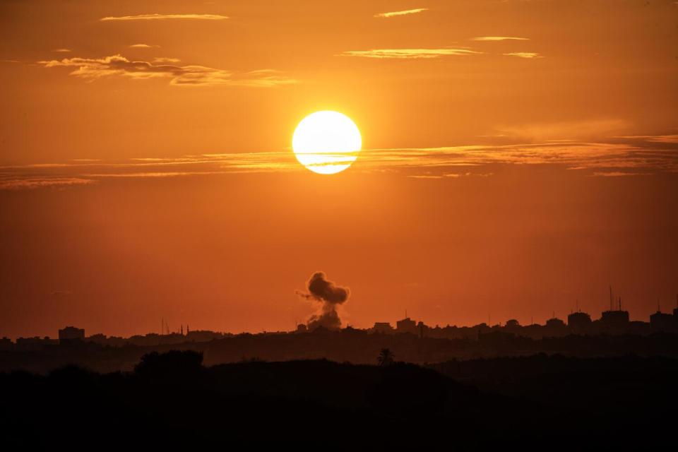 Smoke rises in Gaza, seen from the Israeli city of Sderot.