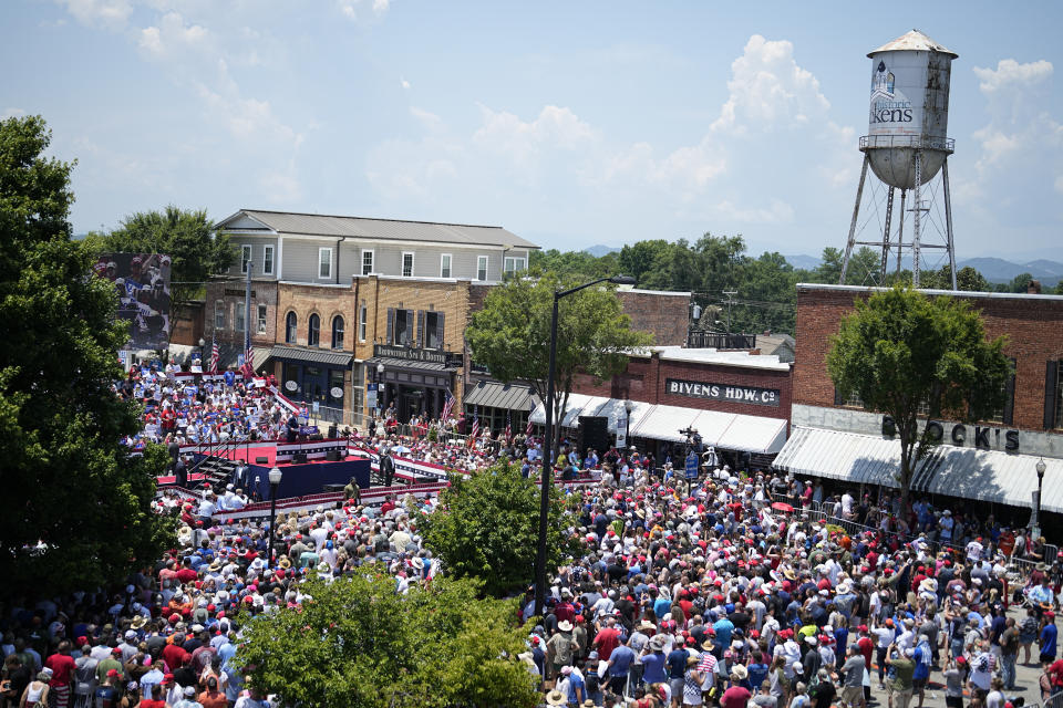 Former President Donald Trump speaks to people during a rally, Saturday, July 1, 2023, in Pickens, S.C. (AP Photo/Chris Carlson)