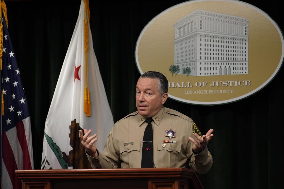 Los Angeles County Sheriff Alex Villanueva comments on the shooting of 29-year-old Dijon Kizzee, who was killed by deputies following a scuffle, during a news conference at the Hall of Justice in downtown Los Angeles Thursday, Sep. 17, 2020. (AP Photo/Damian Dovarganes)