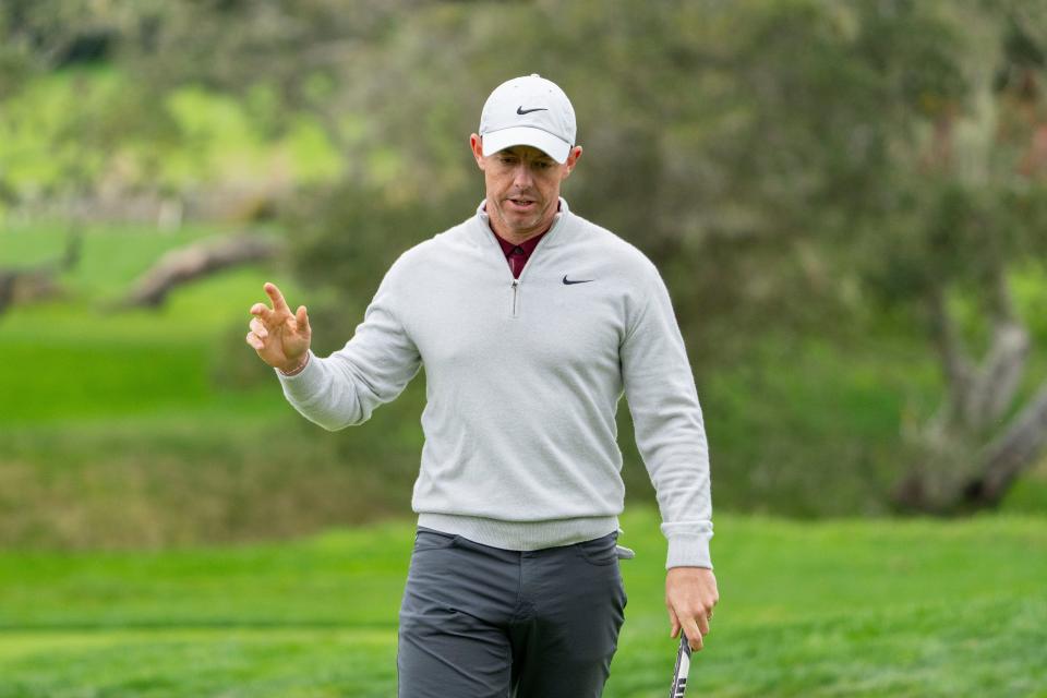 February 3, 2024; Pebble Beach, California, USA; Rory McIlroy acknowledges the crowd after making his putt on the second hole during the third round of the AT&T Pebble Beach Pro-Am golf tournament at Pebble Beach Golf Links. Mandatory Credit: Kyle Terada-USA TODAY Sports