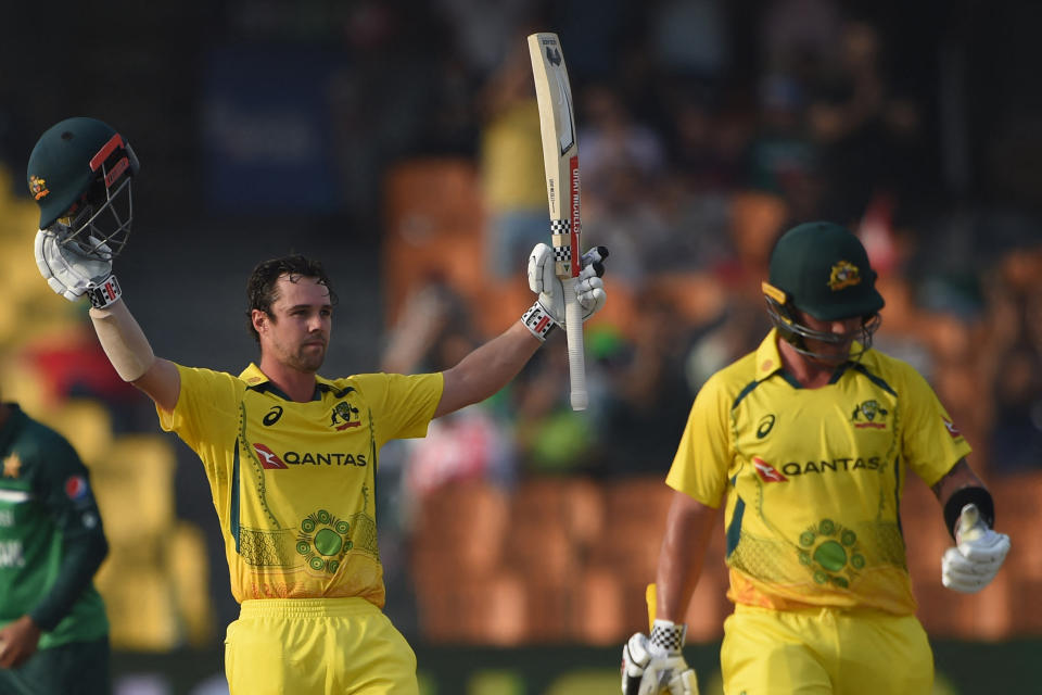 Travis Head, pictured here celebrating after reaching his century in the first ODI between Australia and Pakistan.