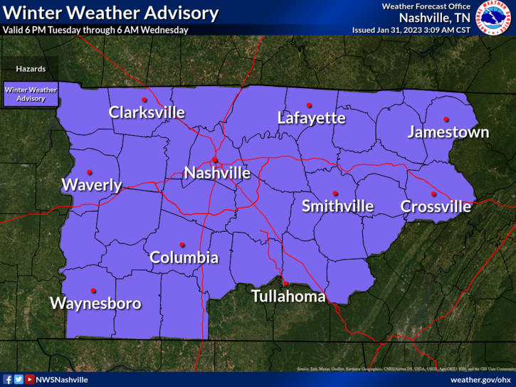 A winter weather advisory will be in place from 6 p.m. Tuesday through Wednesday morning across Middle Tennessee.