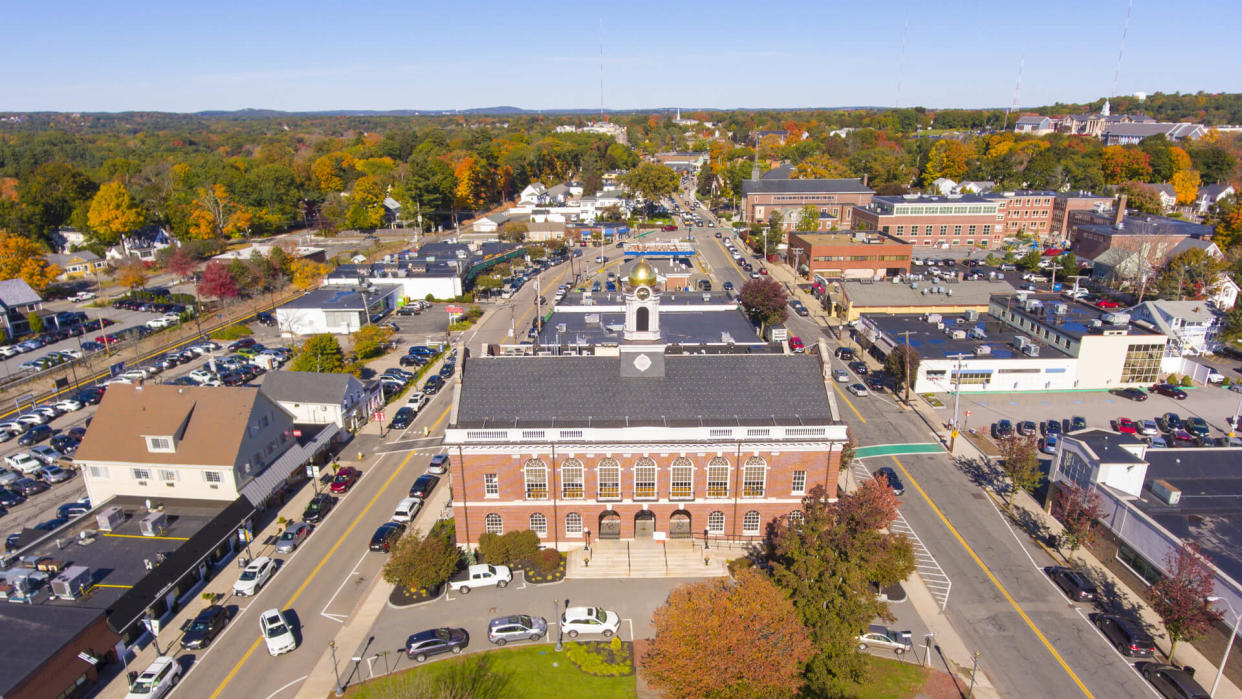 Town Hall and Historic building aerial view in Needham, Massachusetts, USA.
