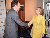 <p>Fallon made sure to shake hands with Clinton at a May fundraiser for kids. He’s done it several times before, as he welcomed her on <em>The Tonight Show</em>. (Photo: Kevin Mazur/Getty Images for SeriousFun) </p>