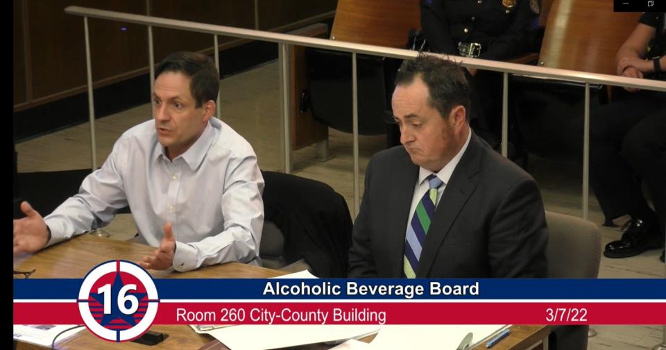 Tiki Bob’s Cantina owner Jason Stellema, left, and the club’s attorney, N. Davey Neal, right, testify before the Alcoholic Beverage Board of Marion County on March 7, 2022, in this screenshot from government access television Channel 16.