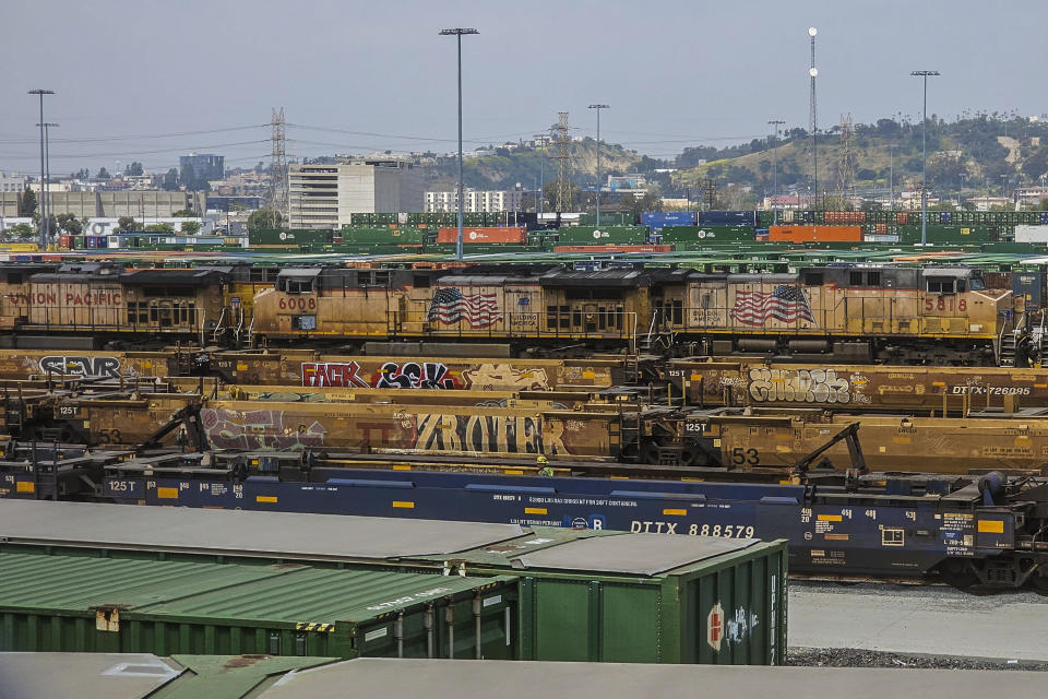 The Union Pacific LATC Intermodal Terminal is seen on Tuesday, April 25, 2023, in Los Angeles. California's Air Resources Board is set to vote on a rule to cut greenhouse gas and smog-forming emissions from diesel-powered locomotives used to pull rail cars through ports and railyards. (AP Photo/Damian Dovarganes)