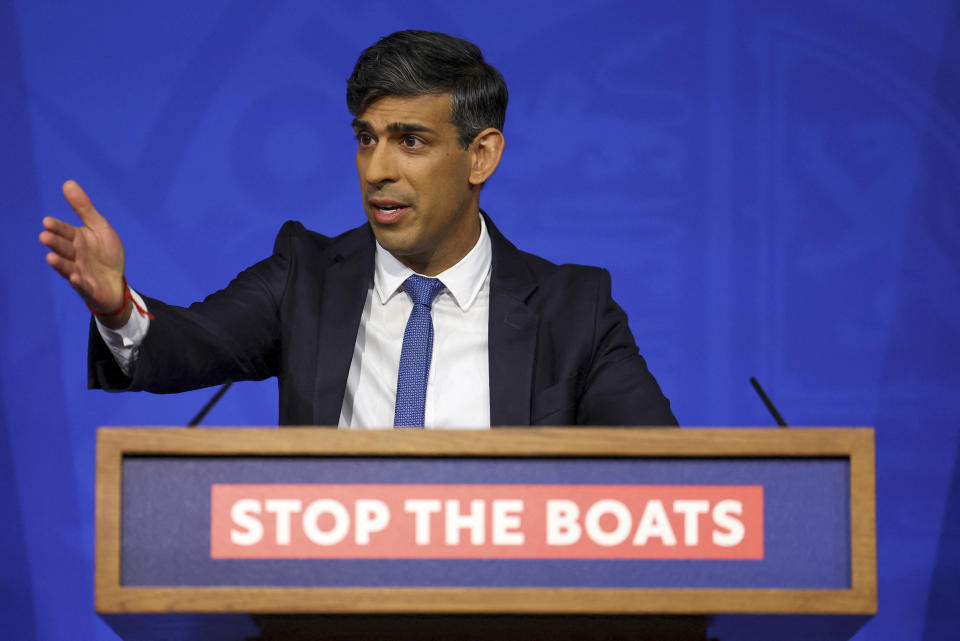 British Prime Minister Rishi Sunak speaks during a press conference at Downing Street in London, Monday, April 22, 2024. Sunak pledged Monday that the country’s first deportation flights to Rwanda could leave in 10-12 weeks as he promised to end the Parliamentary deadlock over a key policy promise before an election expected later this year. (Toby Melville/Pool Photo via AP)