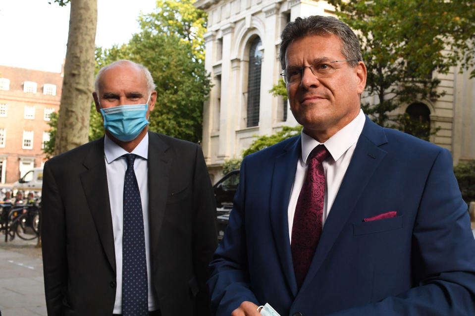 EU Commission vice-president Maros Sefcovic (right) and EU Ambassador to the UK, Portuguese diplomat Joao Vale de Almeida, arrive at EU House, London. Mr Sefcovic has travelled to London to meet Michael Gove for an extraordinary meeting of the Joint Committee between the UK and EU. (Photo by Stefan Rousseau/PA Images via Getty Images)