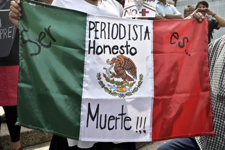 A woman holds a Mexican flag with an inscription "To Be an Honest Journalist is Death" during a demonstration over the murder of photojournalist Ruben Espinosa, in Mexico City, on August 2, 2015