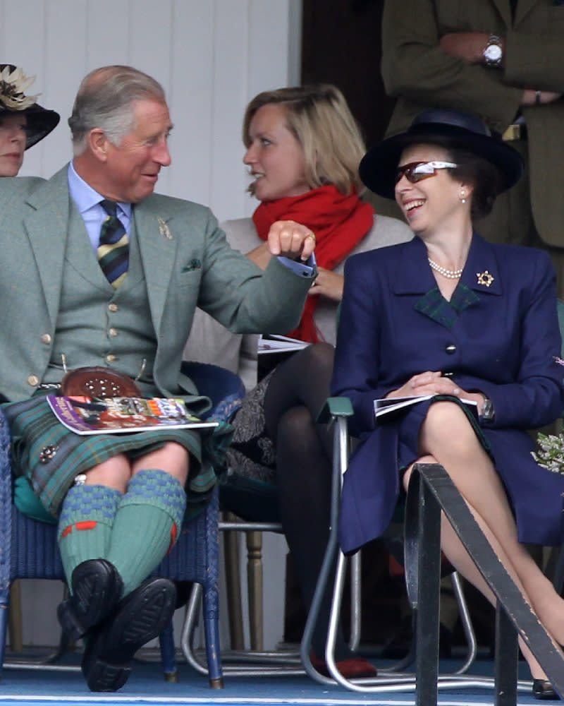 <p> It's a favourite pastime for the now King Charles and Princess Anne to sit together watching the Braemar Highland Games, with the pair pictured in similar positions throughout the years. In this photograph taken in 2010, Princess Anne looks over at her brother while he gestures enthusiastically, with a grin spread across his face. </p>