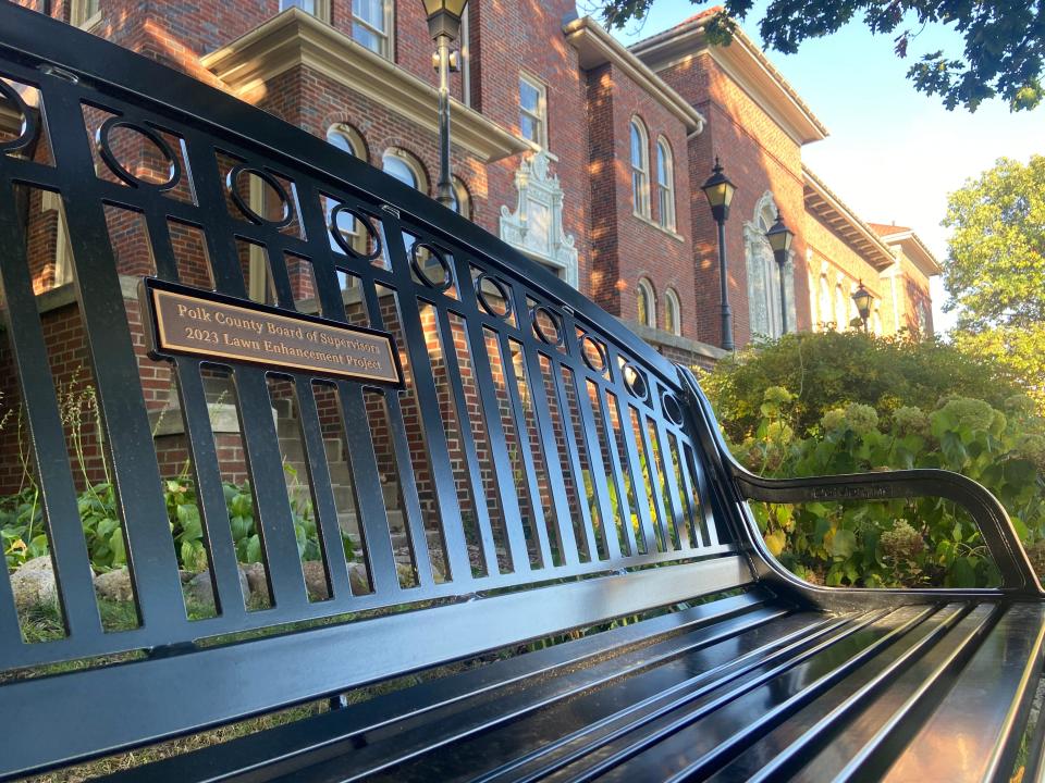 A new bench is seen on Oct. 17, 2023, at Hoyt Sherman Place in Des Moines.