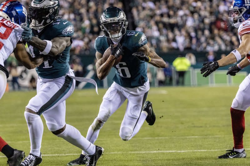 Philadelphia Eagles wide receiver DeVonta Smith (C) is now under contract through 2028. File Photo by Laurence Kesterson/UPI