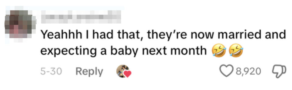 User comments: "Yeahhh I had that, they're now married and expecting a baby next month" followed by laughing emojis. The comment has 8,920 likes