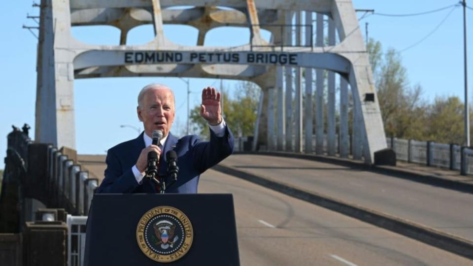 President Joe Biden delivers a speech on March 5 to mark the 58th anniversary of Bloody Sunday at the Edmund Pettus Bridge in Selma, Alabama. More than 600 civil rights demonstrators were beaten by white police officers as they tried to cross the bridge during a 54-mile march from Selma to Montgomery on March 7, 1965. (Photo: Mandel Ngan/AFP via Getty Images)