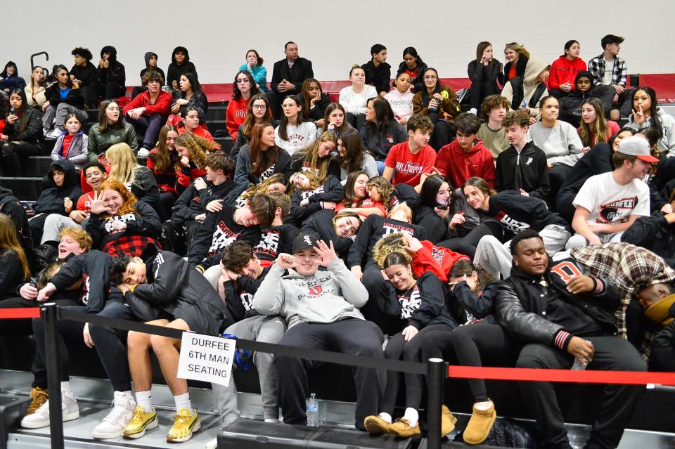 Durfee fans lay down as Somerset Berkley players are introduced before Friday’s game.