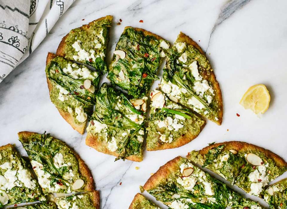 <a href="https://cookieandkate.com/broccoli-rabe-pesto-flatbread-recipe/">Roasted Broccoli Rabe and Pesto Flatbread</a> from <a href="https://cookieandkate.com/broccoli-rabe-pesto-flatbread-recipe/">Cookie and Kate</a>