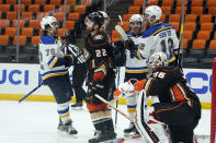 St. Louis Blues left wing Zach Sanford, top right, celebrates with teammates after scoring against the Anaheim Ducks during the third period of an NHL hockey game Wednesday, March 3, 2021, in Anaheim, Calif. (AP Photo/Marcio Jose Sanchez)