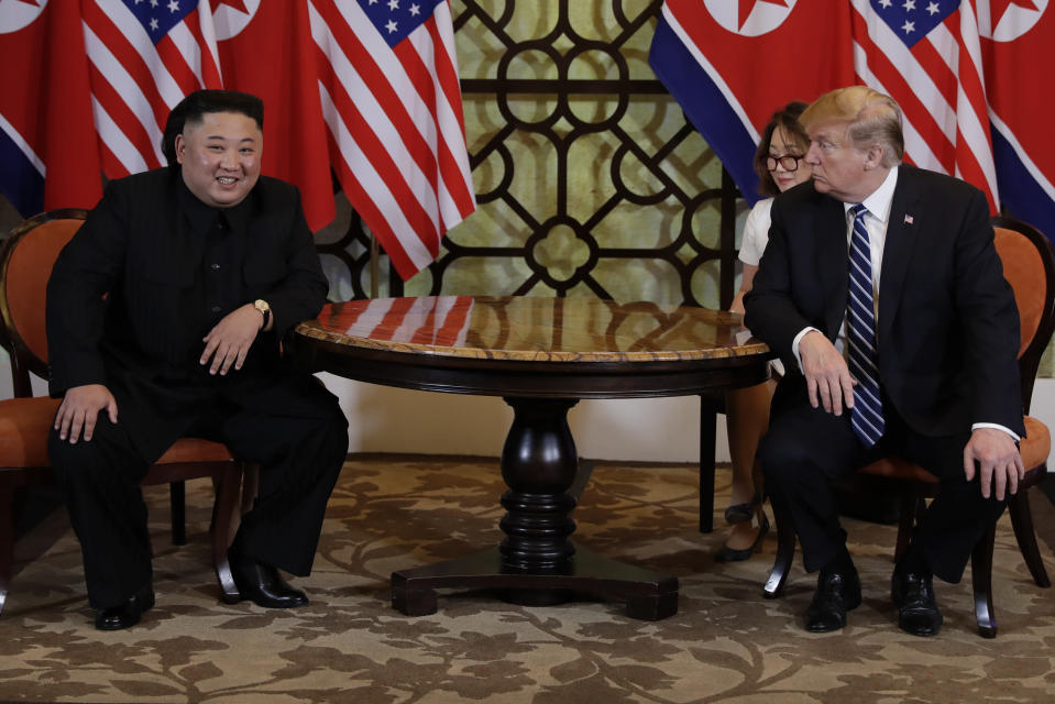 President Trump sits with North Korean leader Kim Jong Un in Hanoi on Thursday. (Photo: Evan Vucci/AP)