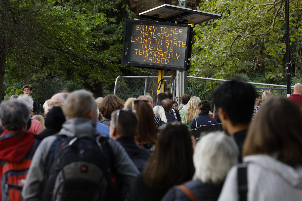 A sign informs people in line in Southwark Park that there is a pause in the queue to see Queen Elizabeth II lying in state, which begins at the park and concludes at Westminster Hall, on September 16, 2022 in London, United Kingdom.  / Credit: / Getty Images