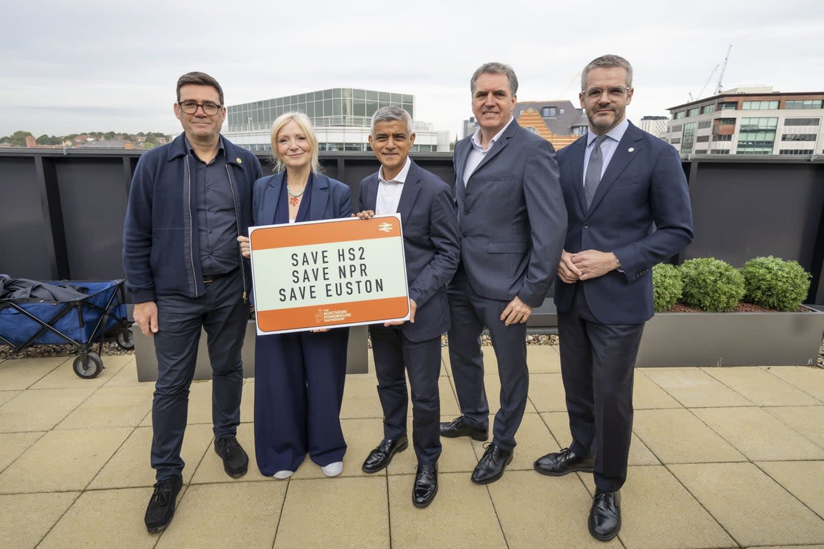 Labour mayors Andy Burnham, Mayor of Greater Manchester, Tracy Brabin, Mayor of West Yorkshire, Sadiq Khan, Mayor of London, Steve Rotheram, Mayor of the Liverpool City Region, and Oliver Coppard, Mayor of South Yorkshire, at Arcadis in Leeds to make a unified plea to the Prime Minister not to scale back HS2 any further (Danny Lawson/PA) (PA Wire)