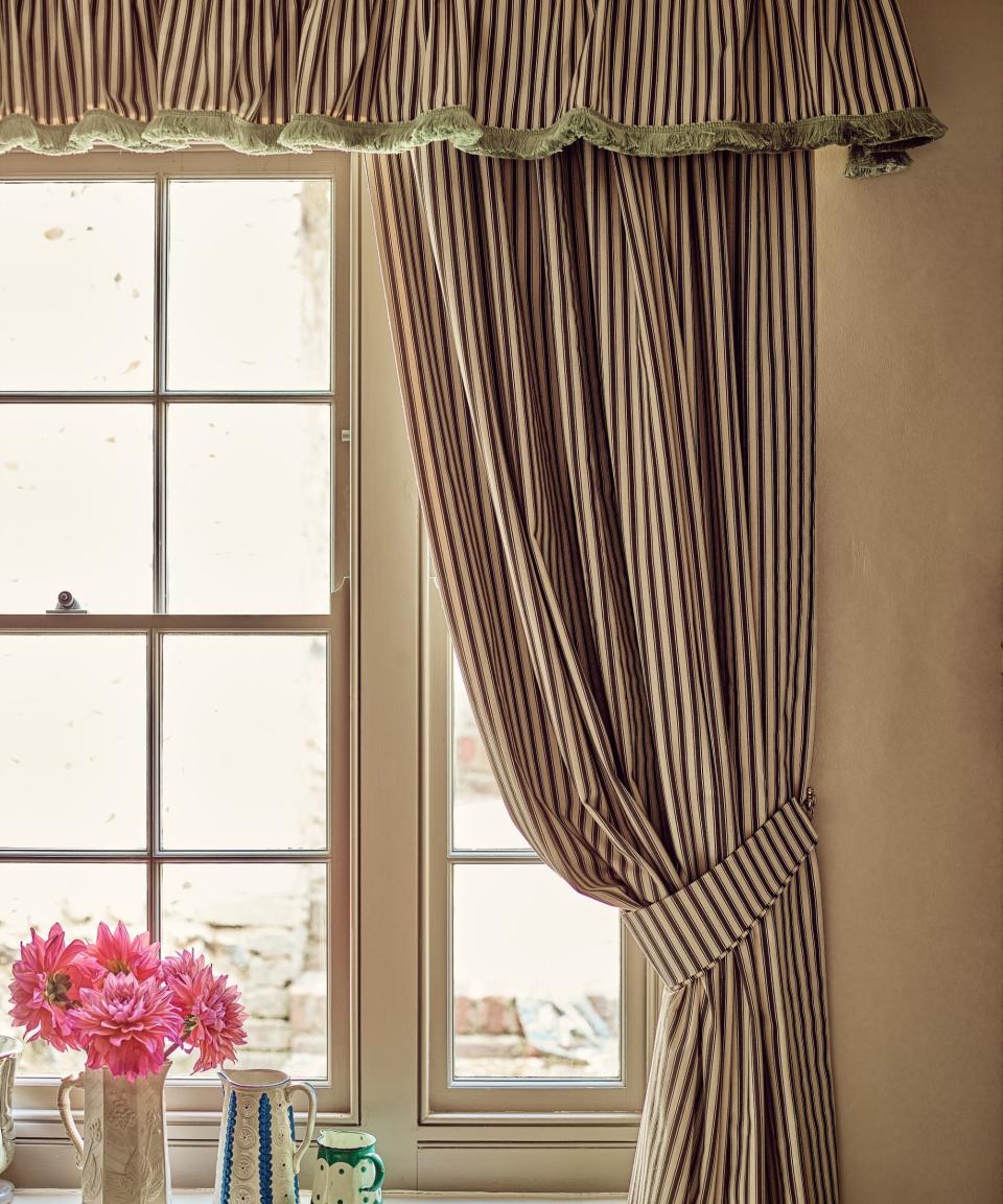 Tick In Sage Curtains With Straight Pelmet, Tie Backs And Fringing Portrait