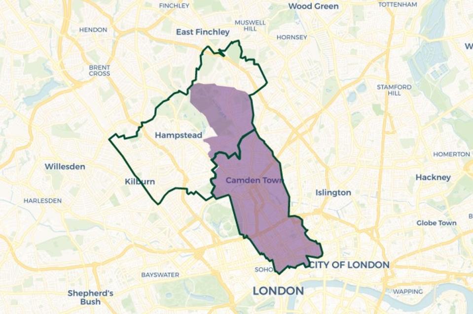 Constituency map of Holborn and St Pancras (purple shaded area shows old boundaries) (© OpenStreetMap contributors | © CARTO)